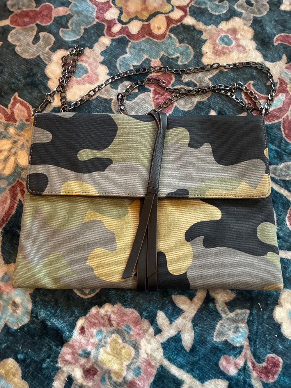 Stella & Dot Camouflage Canvas Crossbody in Green, Black, Tan with chain